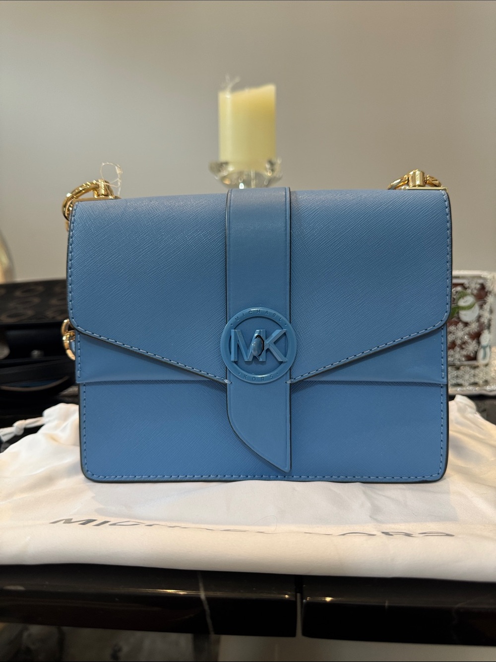 Michael Kors Light Blue Leather Crossbody with Gold Chain